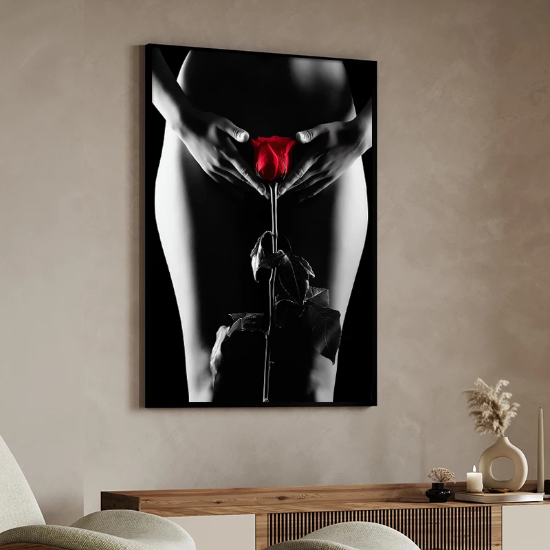 Sexy Woman Holding Red Rose Canvas Painting Nordic Black and White Posters Prints Wall Art Pictures for Living Room Home Decor view 4