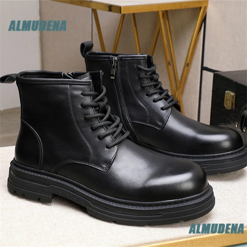 Men Black Leather Motorcycle Boots Lace-Up with Side Zip Platform Thick Sole Outdoor Work Ankle Boots Autumn Men's Boots