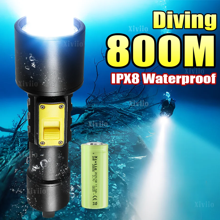 

Профессиональный фонарь для дайвинга, светодиодный фонарь высокой мощности, IPX8, водонепроницаемый, подводный, 800 м, фонарь для дайвинга, фонарь для подводной рыбалки