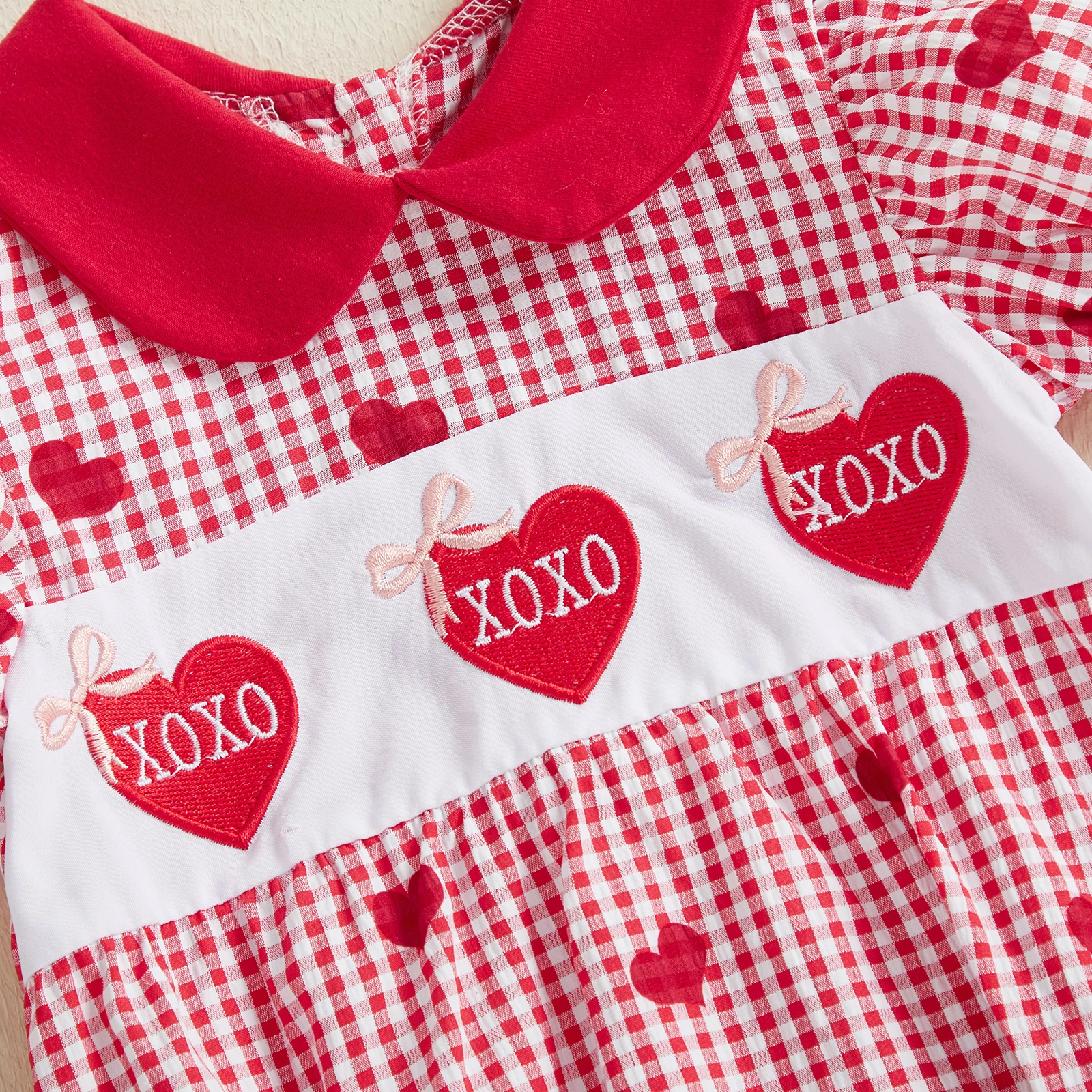 Infant Baby Girl Rompers Puff Short Sleeve Doll Collar Heart Embroidery Plaid Print Bow Decor Bubble Jumpsuit