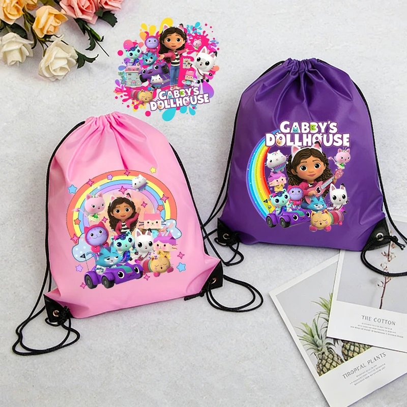 

Gabbys Dollhous Kids Drawstring Bag Cute Anime Girl Woman Double Shoulder Pocket Kawaii Party Game Gift Candy Toy HandBag Pouche
