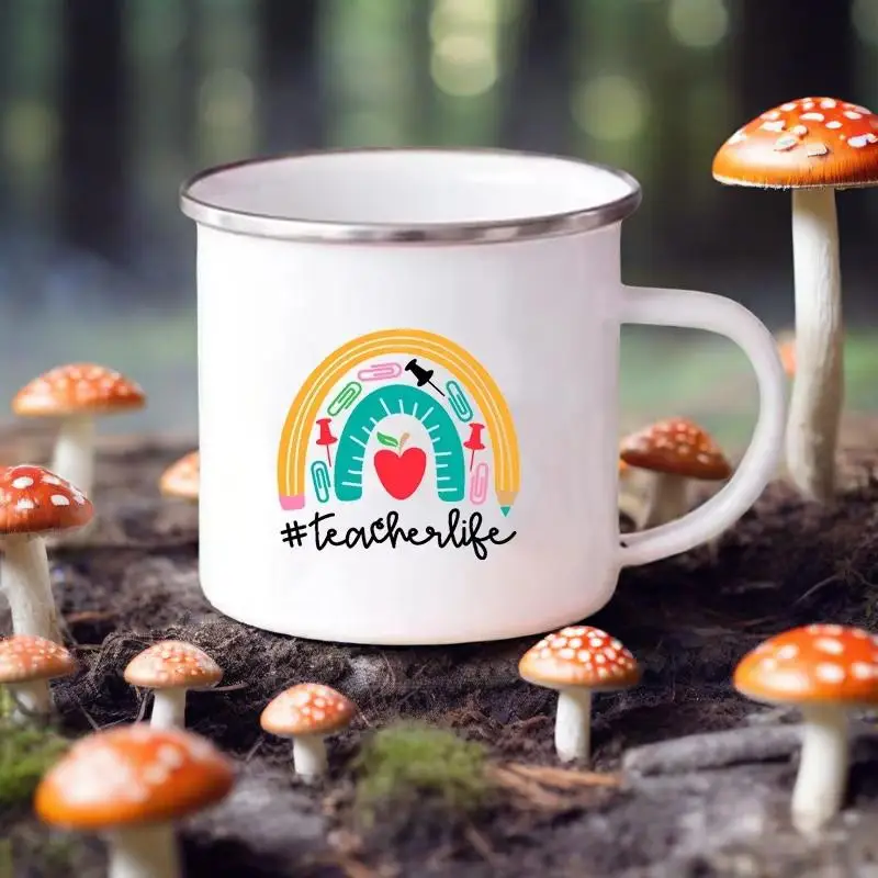 

Rainbow Teacher Printed Enamel Mug Creative Retro Coffee Water Cups Drink Dessert Milk Cup Mugs Handle Drinkware Teacher Gifts