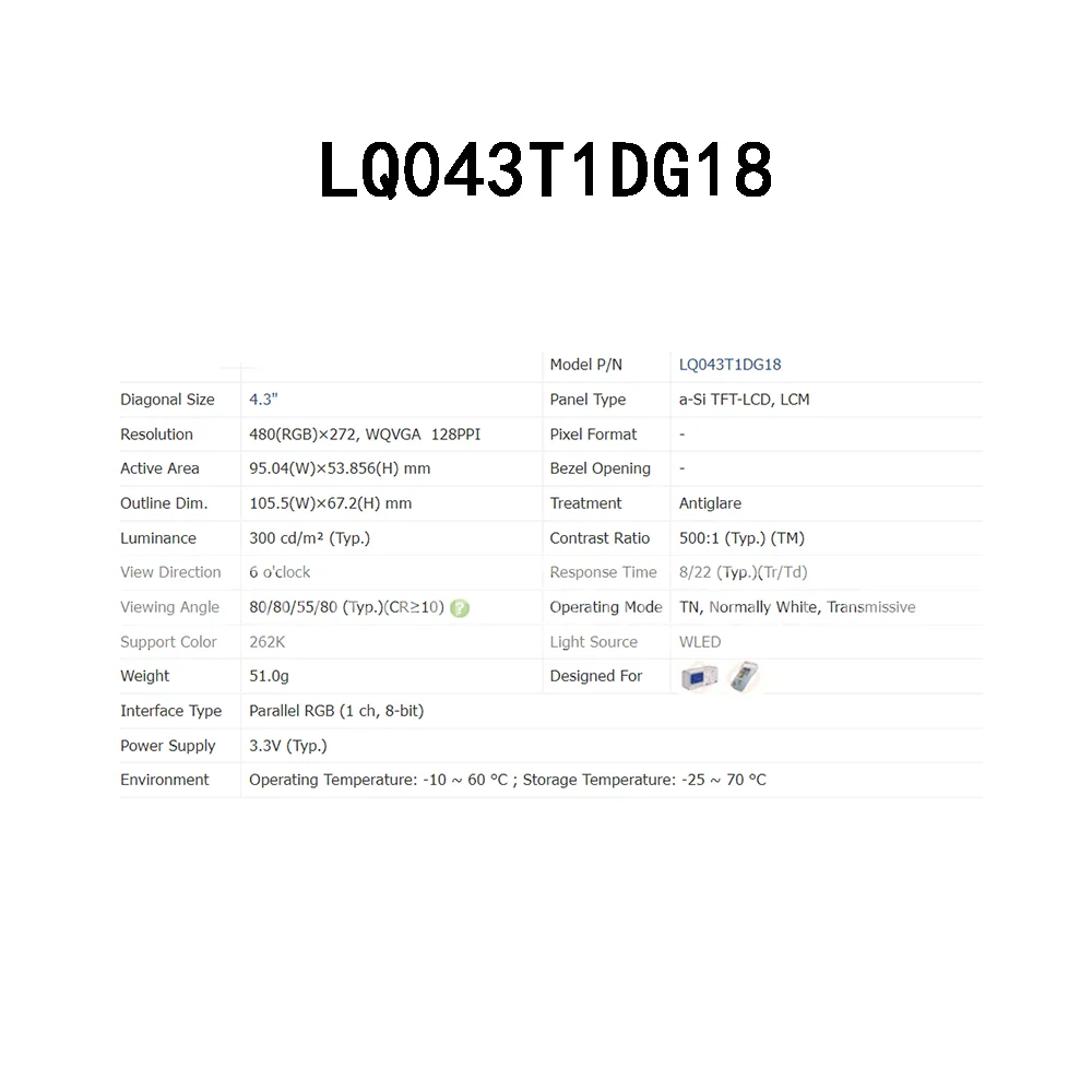 Painel de tela LCD para Industrial, totalmente testado, altamente claro, 4,3 polegadas, LQ043T1DG18