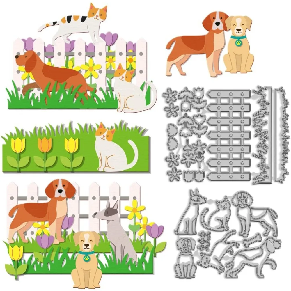 Garden Cat Dog Metal Die Cuts Lovely Animals Pet Puppy Catty Cutting Dies Fence Lawn Tulips Carbon Steel Cut Dies for making kit