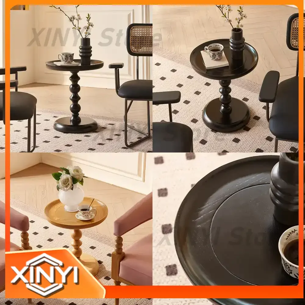 Round Scandinavian Black Solid Wood Side Table for Mid Century Modern Living Room Small Coffee Table Minimalist End Table Cup
