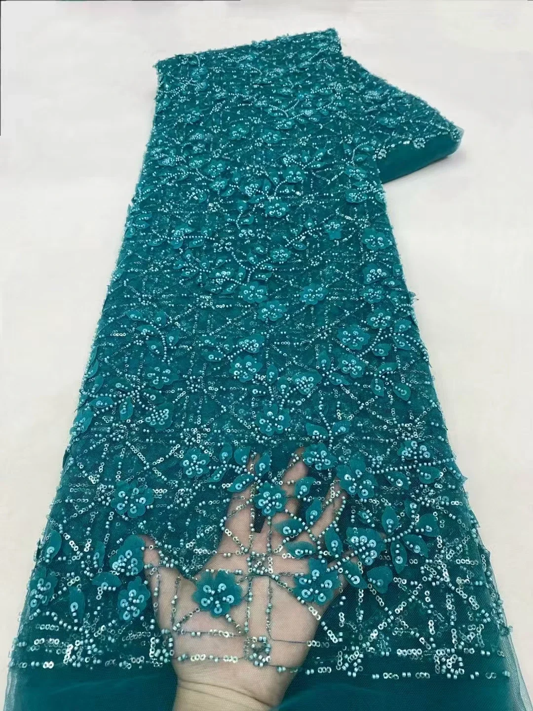 

2025 High Quality New Style Green Sequins Beaded African Lace Fabric Handmade Beads French Lace Fabric For Party Dress LXX25117