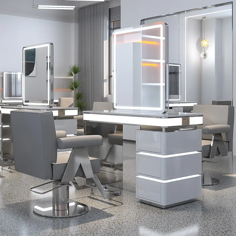 متجر تصفيف الشعر نموذج المشاهير على الإنترنت مع خزانة طاولة مرآة واحدة على الوجهين، محل حلاقة مع مصباح بيرم وصبغ #5