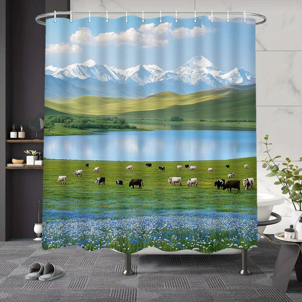 

Занавеска для душа Pastoral Lake Meadow — полиэстеровый декор для ванной комнаты 72x72 дюйма с 12 крючками, яркий HD-принт выпасающих коровов