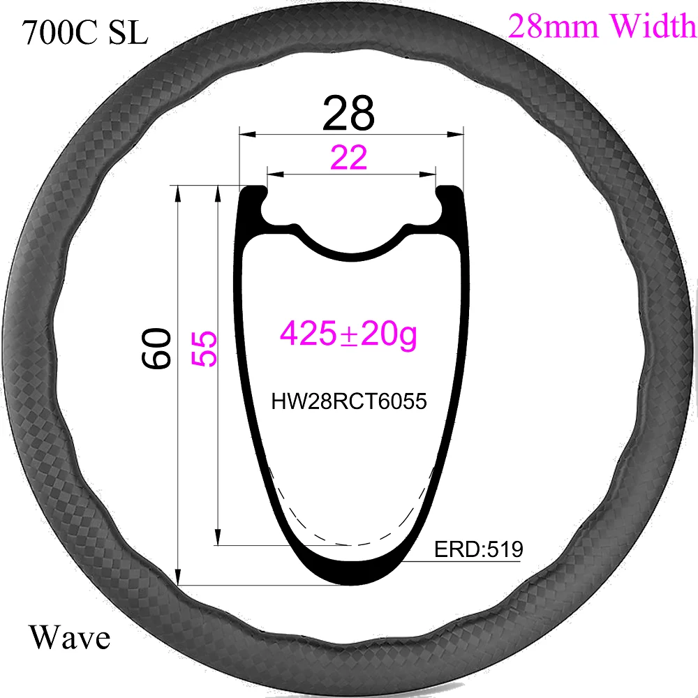 420g Wave Rim T800 Super light 700C Gravel Bike Rim Disc Brake 28mm Wide 35/40/45/50/65mm Depth 24holes Tubeless Carbon rims