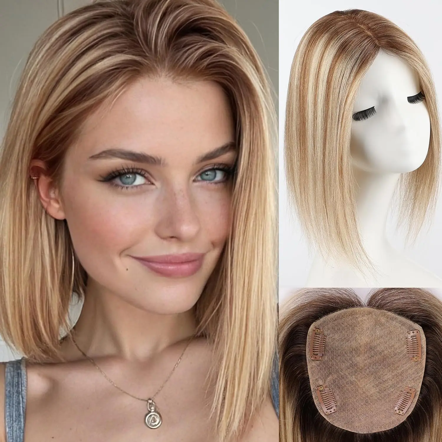 

12 inch Hair Toppers for Women Real Human Hair 5"*5.5"Large Coverage Brown with Blonde Highlight Hair Topper No Bangs Hairpieces