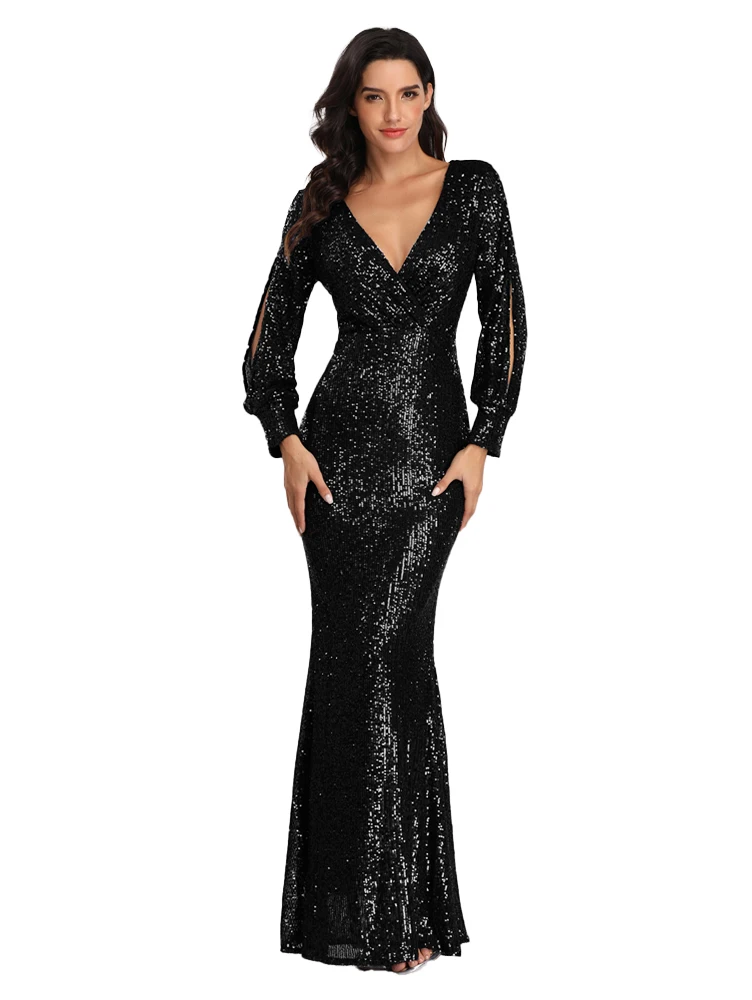 Ladies Party Evening Dress Long Sleeve V Neck Sequin Mermaid Group Evening Dress Female Personalized Sleeve Design Stage Catwalk