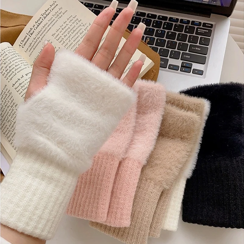 Solid Color Fluffy Plush Half-Finger Gloves Student Write Fingerless Outdoors Cycling Knitted Warm Women Winter Cartoon Mittens