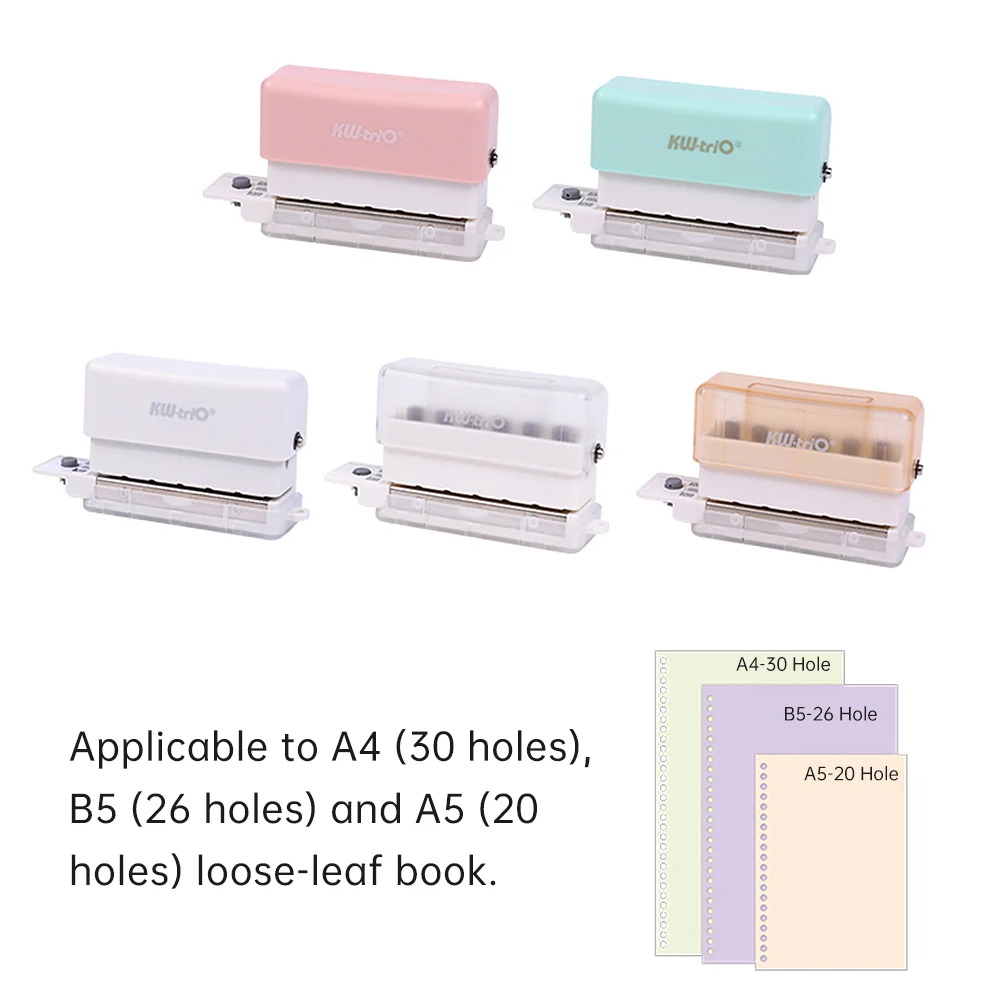 KW-triO 6-Hole Paper Punch Handheld Mini Puncher Support Multiple 20/26/30 Hole Punching 5.5mm Aperture for A4 A5 B5 Notebook