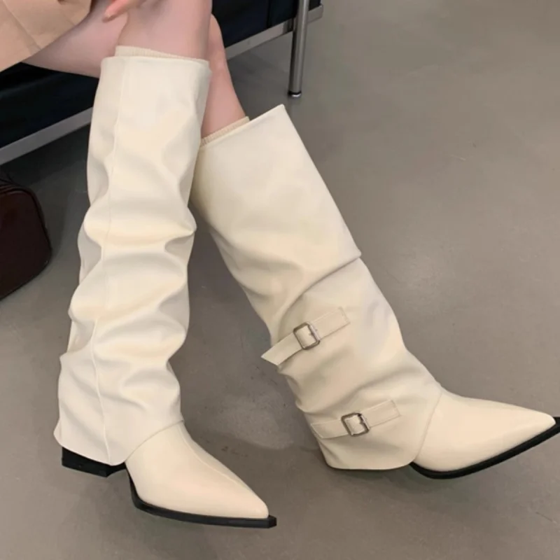 أحذية كومة مطوية بإبزيم مدبب، أحذية فارس على طراز فاسق، أحذية بناتي عصرية ذات كعب متوسط، أحذية عالية الساق