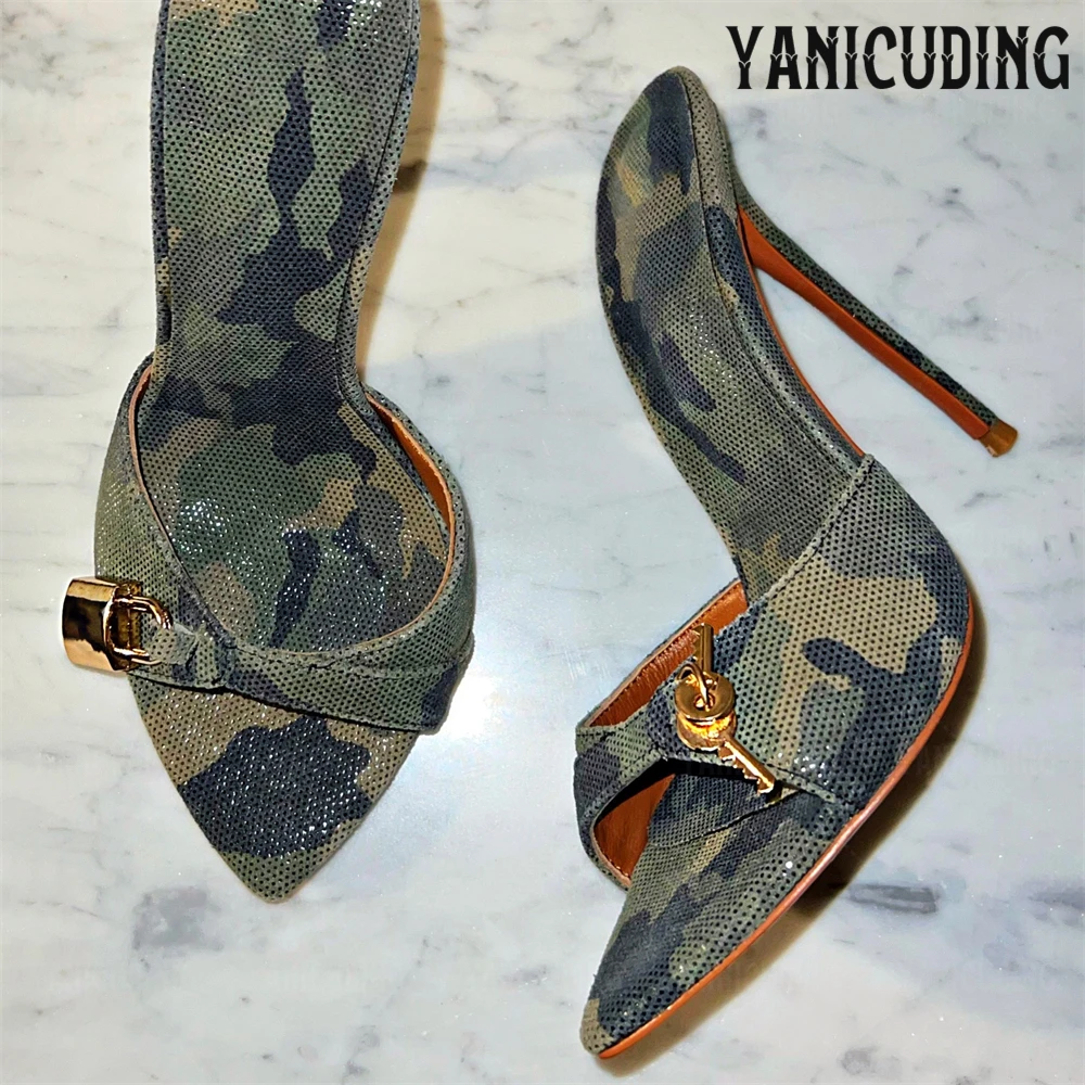 Lock Camouflage Pointed Toe Slippers Sexy Fashion Stiletto Sandals Metal Accessories Summer Shoes for Women Punk Party Slippers