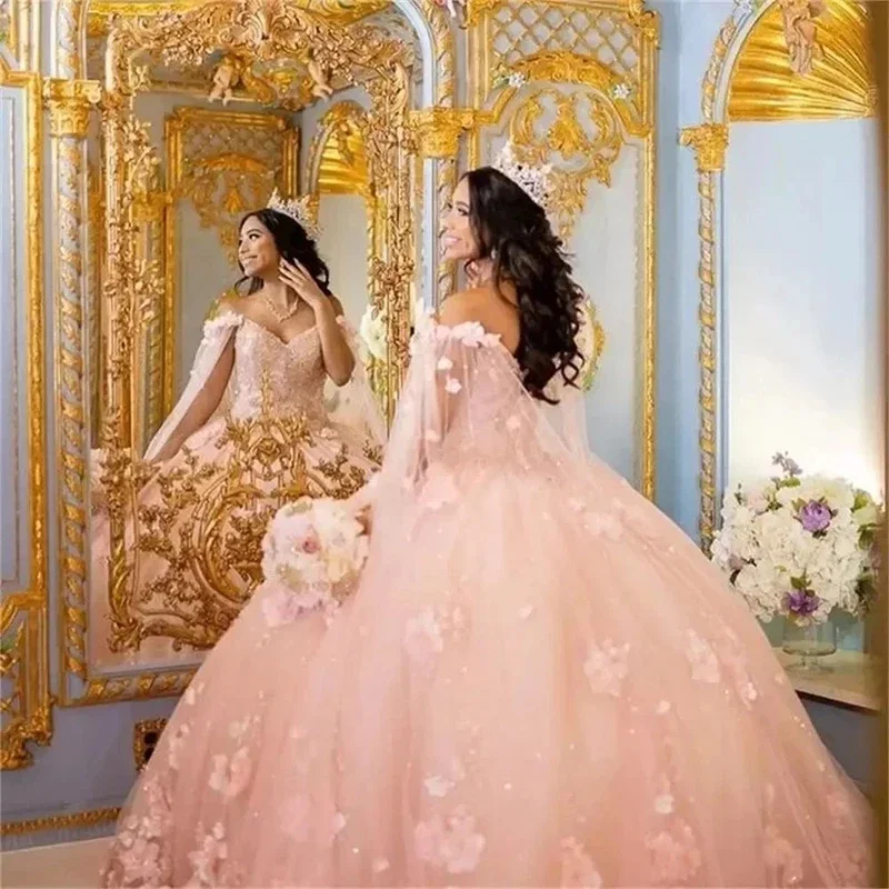 Robe de Quinceanera mexicaine avec cape, appliques roses, fleurs 3D, robe de Rhchérie, tulle, robe éducative, 15 ans, 16 robes douces