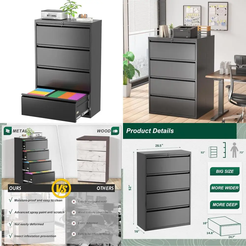 4-Drawer Lateral Filing Cabinet with Lock, Secure Metal File Storage for Home Office, Lockable Cabinet for Legal Documents