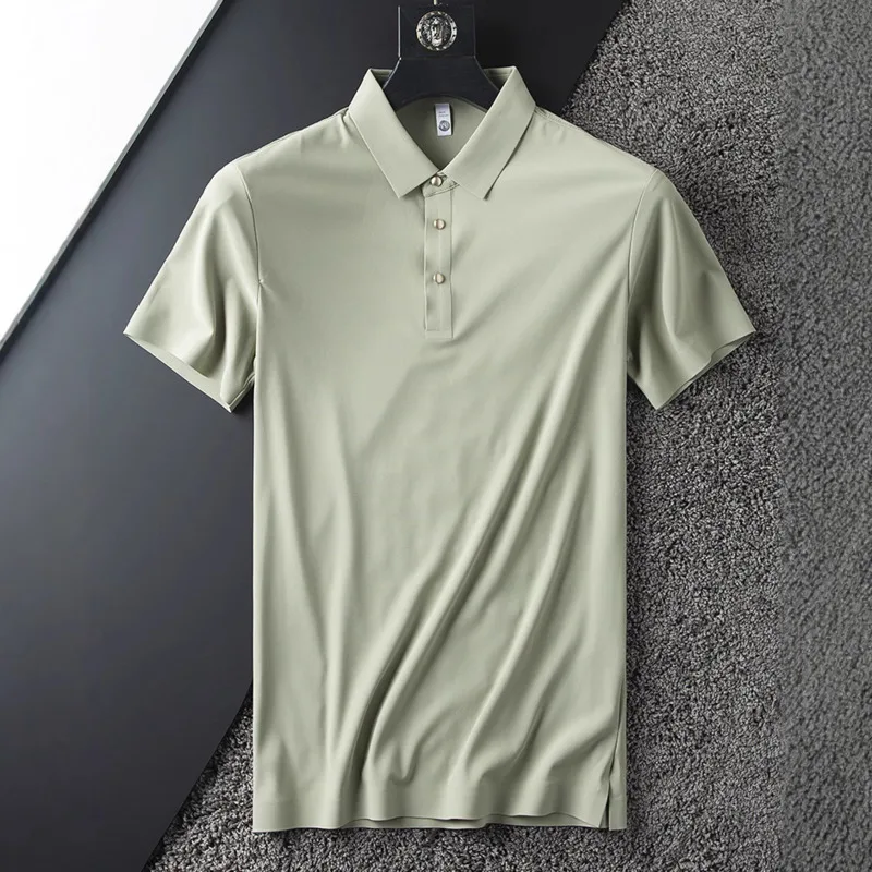 

2025 Мужская летняя бесшовная ламинированная рубашка-поло из тонкого ледяного шелка с короткими рукавами, облегающая деловая повседневная универсальная футболка с лацканами