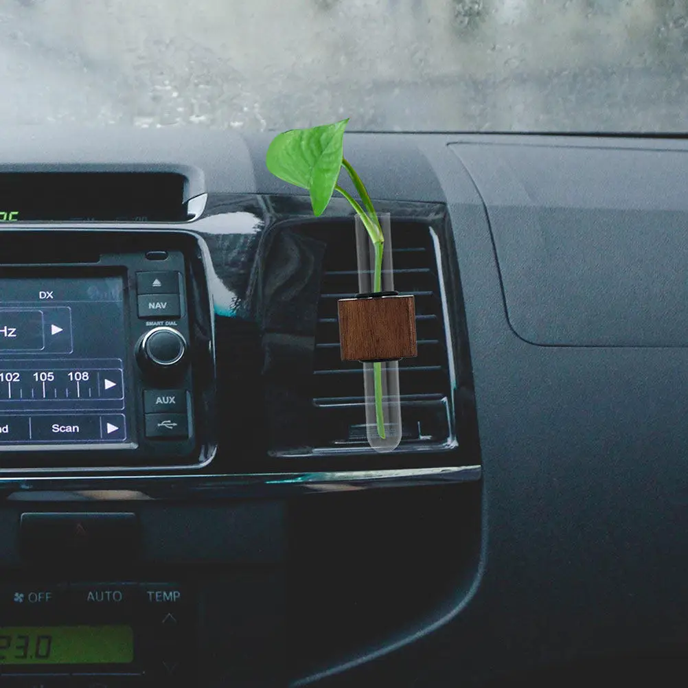 2Pcs Glass Flower Vase Clip for Car Vent Test Tube Shape with Solid Wood Stand Easy Install Removable Air Outlet Plant Holder