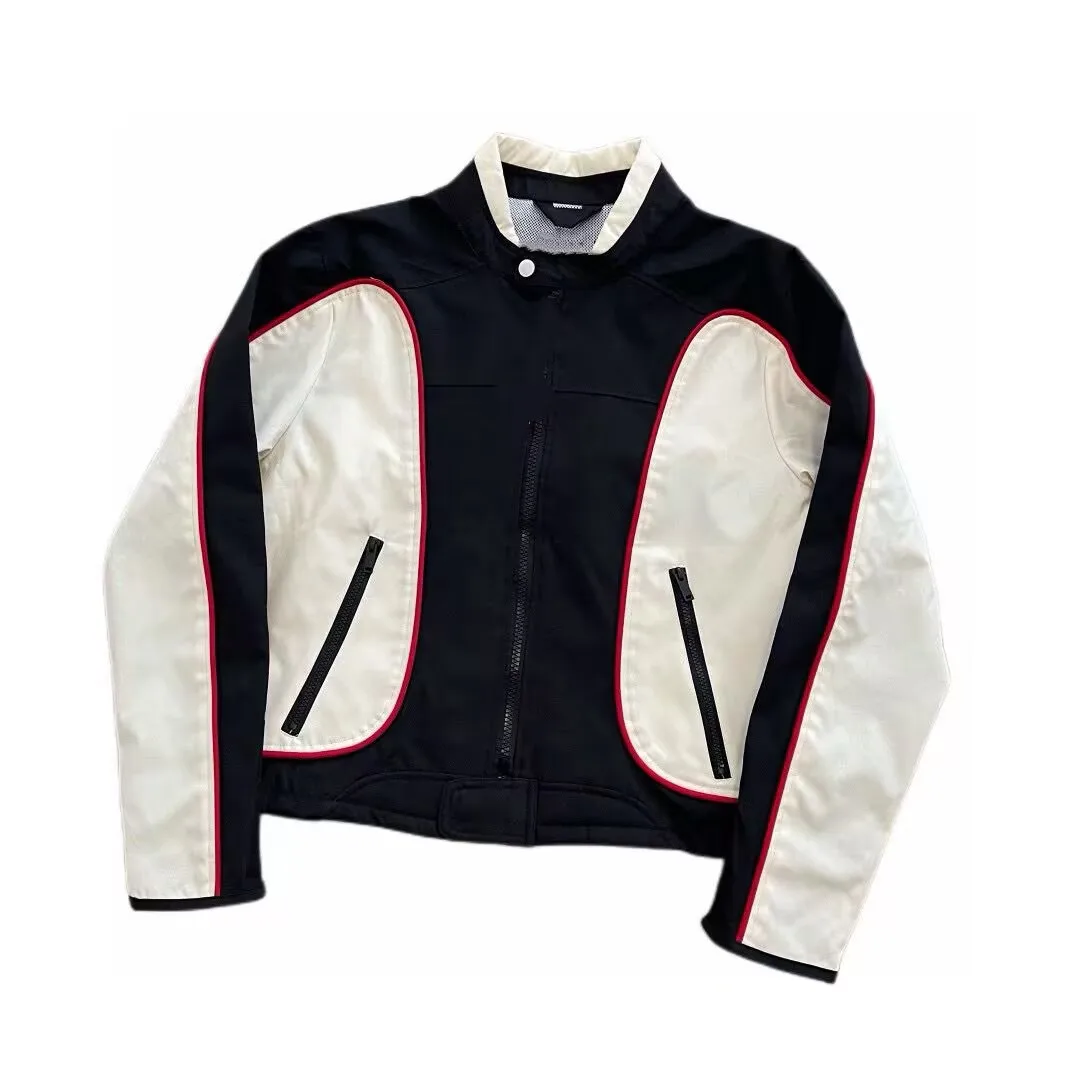 

Yproject Patchwork Woven Nylon Motorcycle Racing D Letter Zipper Workwear Jaet Outerwear Loose Fit Straight Hem Long Sve