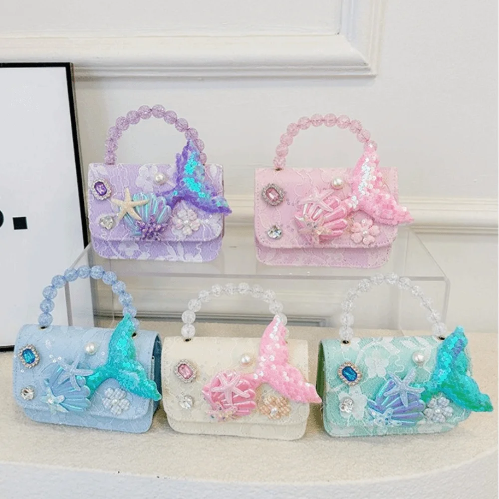 Lightweight Polyester Kids Shoulder Bag Pearl Metal Chain Strap Pearl Handbag Square Children Pouch Kindergarten