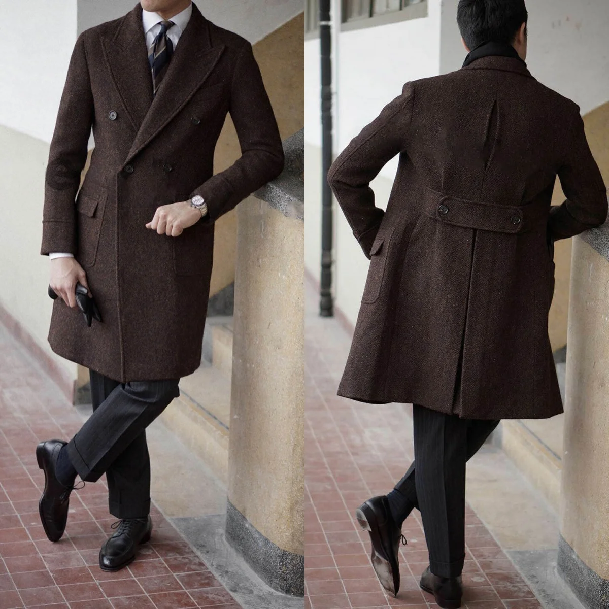 

Gorgeous Wool Blends Men Long Coat Herringbone Double Breasted Peaked Lapel Overcoat Warm Jacket Business Blazers Customized