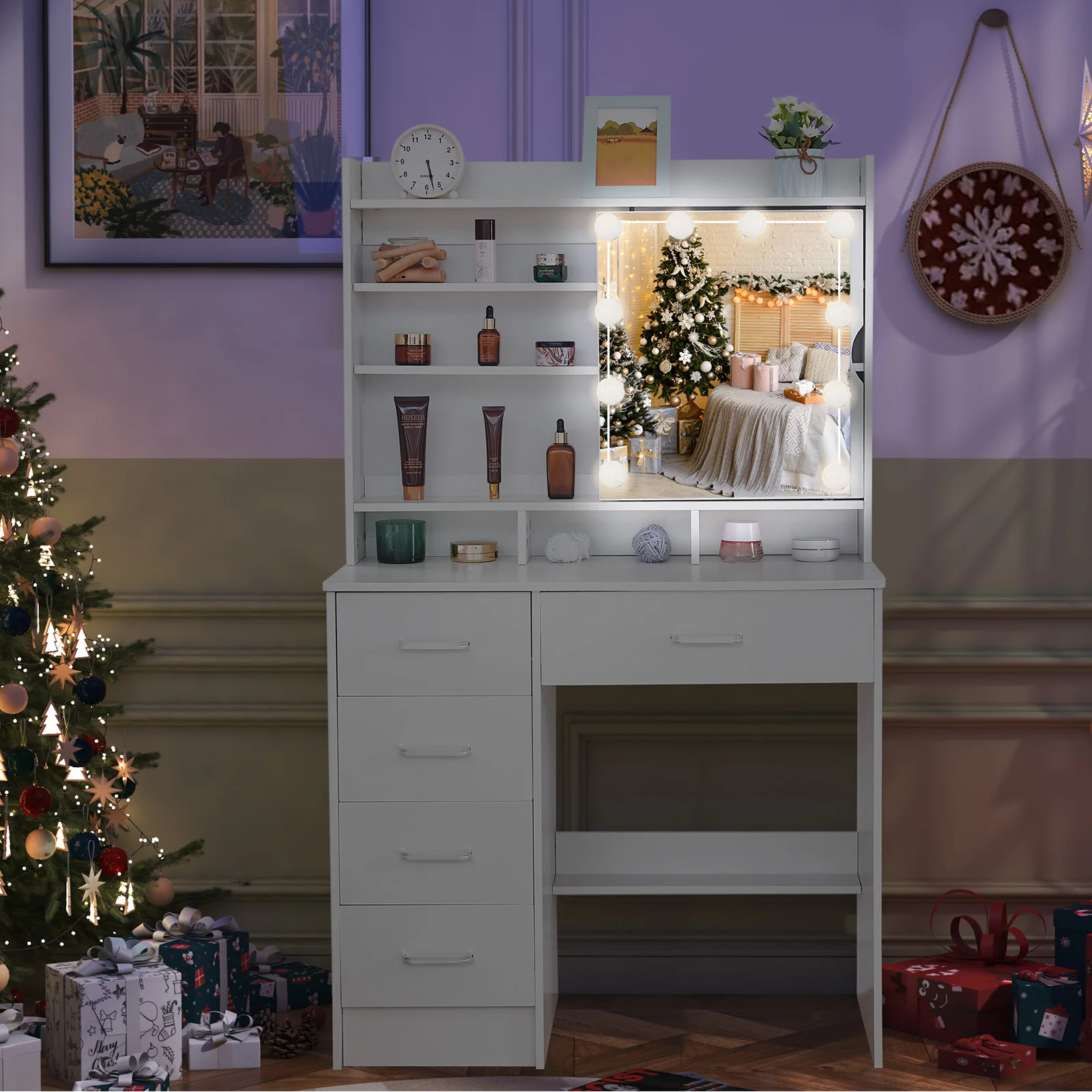 【صفقات 11.11، عروض الجمعة السوداء 2025】مجموعة طاولة مكياج لخزانة الملابس مع مرآة مضاءة بإضاءة LED + 5 أدراج