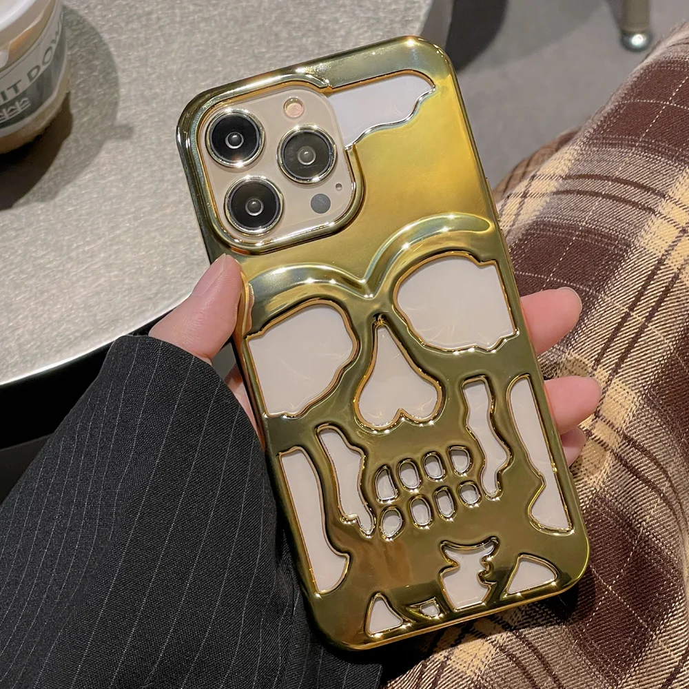 Luxury skeleton Skull Case for iPhone 16 15 14 13 12 Pro Max Phone Cases Shockproof Back cover Camera Protector Hollow TPU Funda