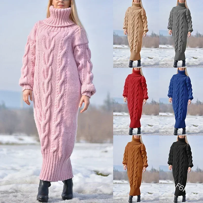 

2024 Autumn Winter Solid Color Turtleneck Pullover Twisted Loose Knitted Sweater Long Dress Sweater for Women