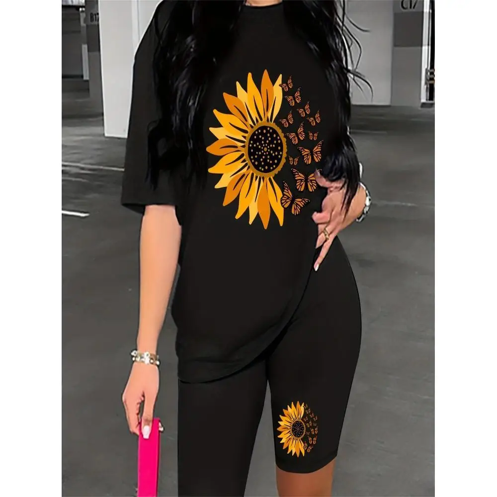 1pc femmes T-shirt grande taille femmes tournesol imprimé à manches courtes T-Shirt ensemble mode décontracté ensemble 0XL-4XL