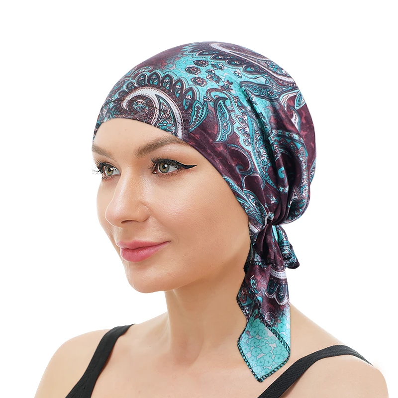 Turbante de satén preatado para mujer, diadema musulmana con patrón de Cachemira, bufanda de pelo suave y flexible, gorro de quimio, pañuelos para