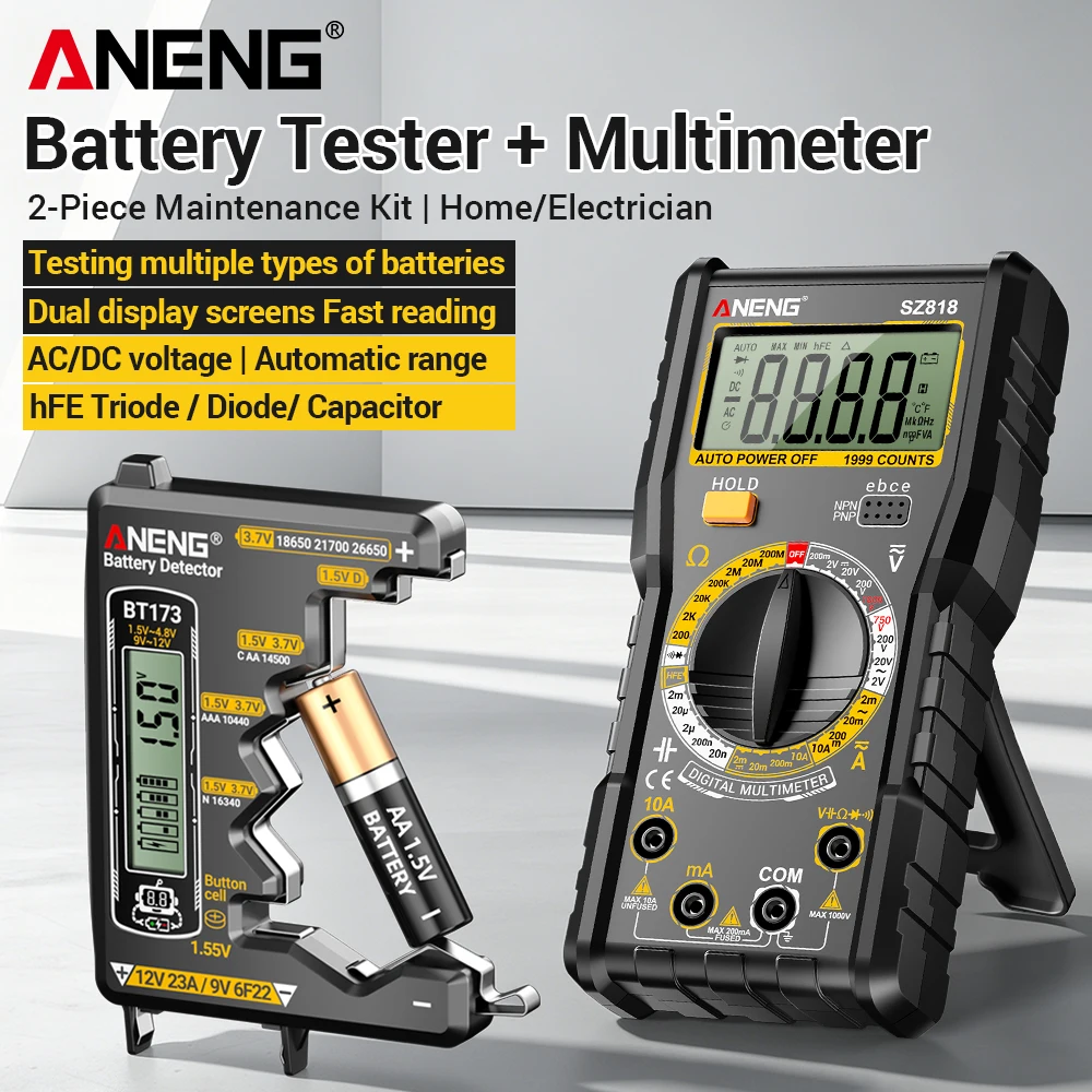 Electrician Test Tool Kit ANENG SZ818 Multimeter 1999 Count BT173 Battery Capacity Tester Voltage Measuring Battery Detector Set