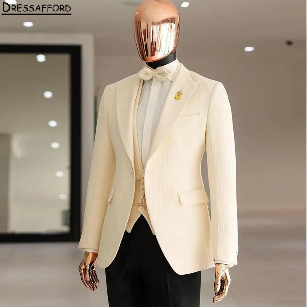 Trajes de hombre Beige para boda, esmoquin de novio Jacquard, chaqueta de 3 piezas, chaleco, pantalones, chaquetas de graduación personalizadas