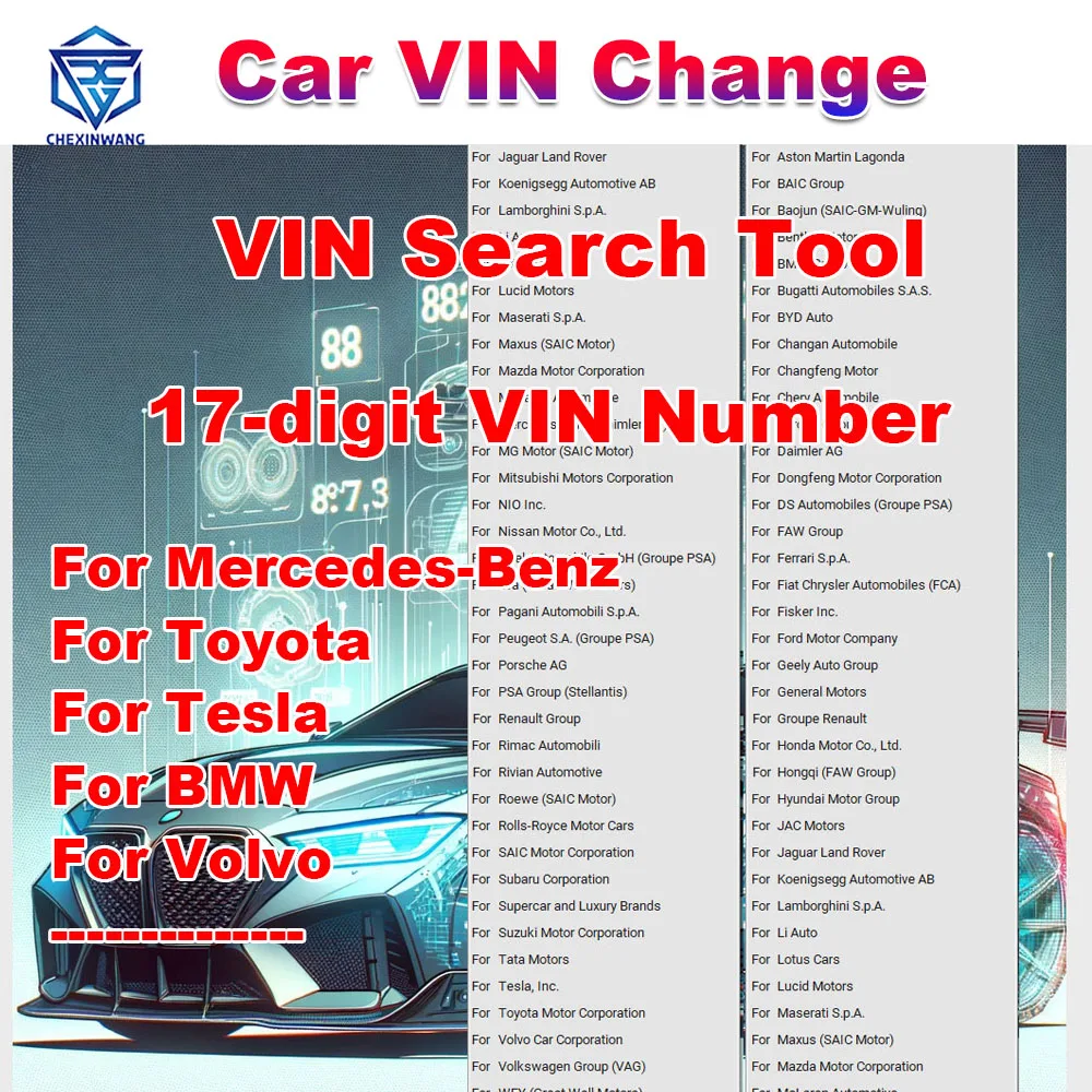 

Автомобильная смена номера VIN для Toyota, Benz, Mercedes-Benz, Tesla, BMW, Volvo, больше автомобильных брендов, инструмент для поиска VIN