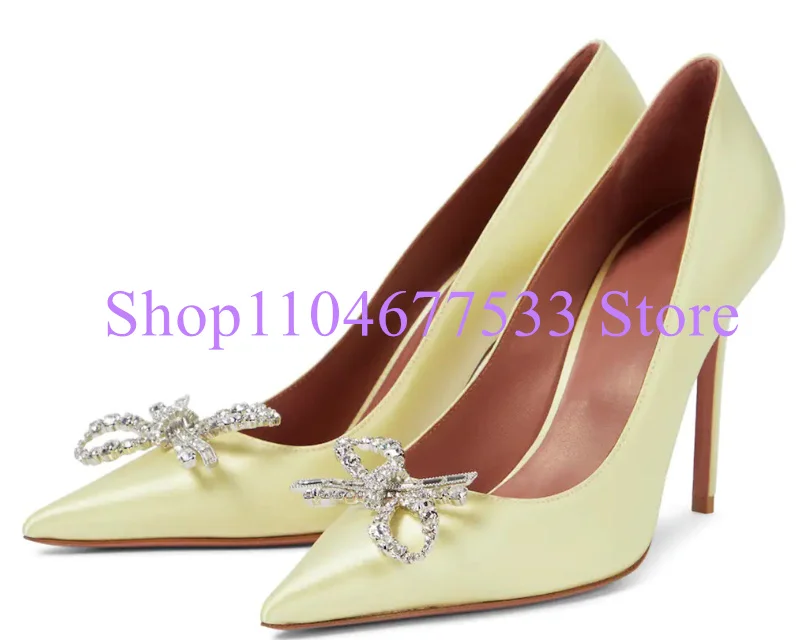 

New Butterfly-knot Crystal Lady Pumps Shoes Fashion Pointed Toe Thin Heel Woman Dress Shoes Female Large Size High Heels Shoes