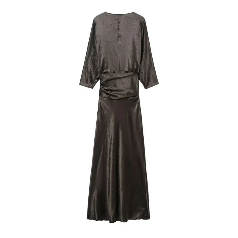 เดรสผ้าซาตินผูกเชือกสำหรับผู้หญิง แบรนด์ HipSeam คอวี แขนครึ่งตัว ทรงตรง ความยาวปานกลาง เหมาะสำหรับฤดูใบไม้ผลิและฤดูร้อน