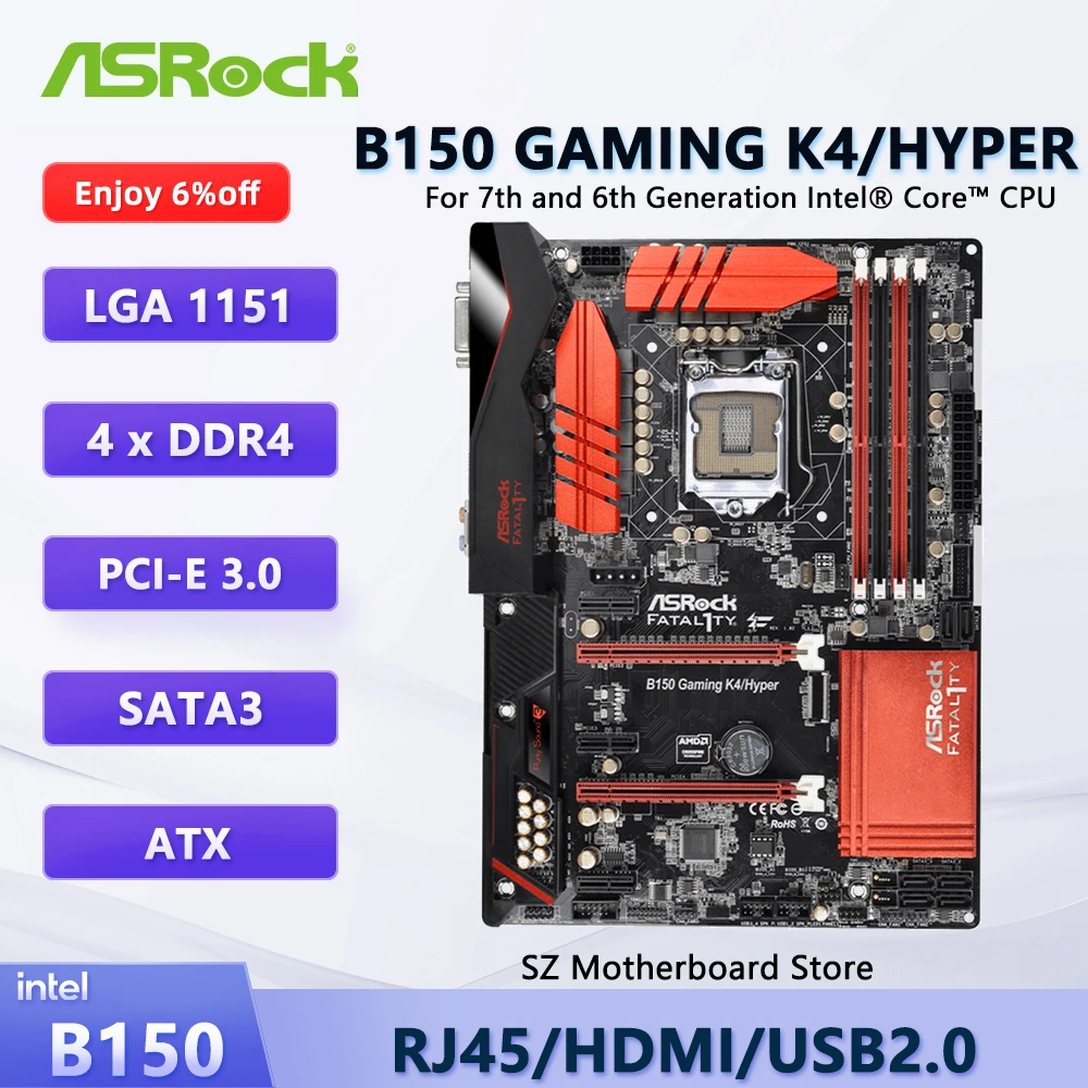 ASROCK B150 GAMING K4/HYPER Motherboard Intel B150 64GB DDR4 LGA 1151 Support i7-6700K i5-6600K i5-7400T i7-7700 i3-6100 CPU ATX