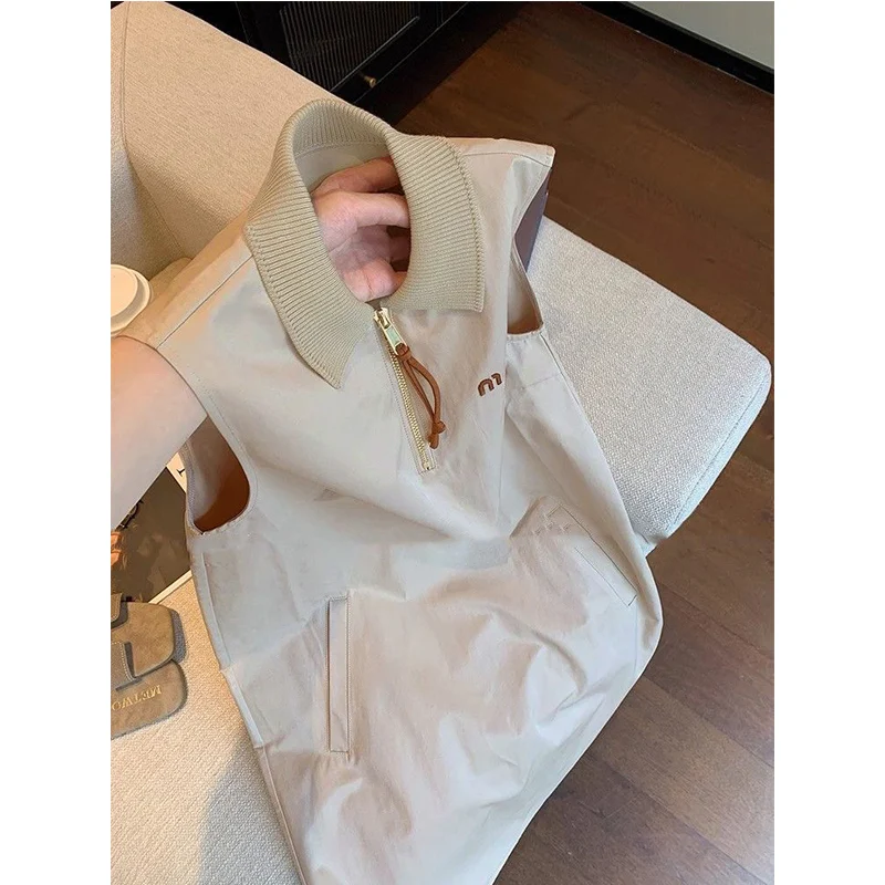 Vestidos coreanos sencillos con cremallera y cuello vuelto sin mangas para mujer, camiseta sin mangas informal con temperamento de verano, vestido por debajo de la rodilla, ropa para mujer