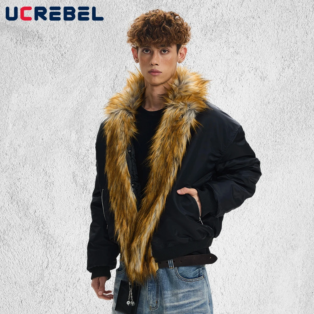 

Fur Collar Spliced Padded Jacket Mens Pocket Winter Retro High Street Pleated sleeves Loose Thick Quilted Jacket Man