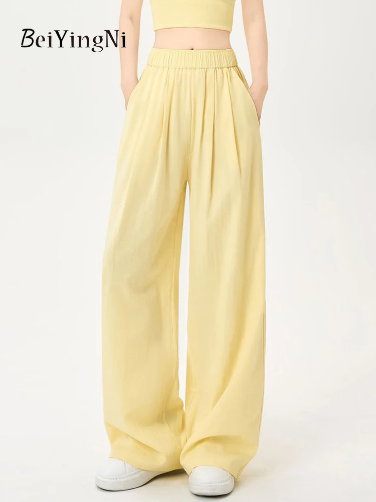Beiyingni 2025 estate coreana donna pantaloni a gamba larga tinta unita semplice High Street pantaloni larghi in cotone e lino femminile tutto-fiammifero