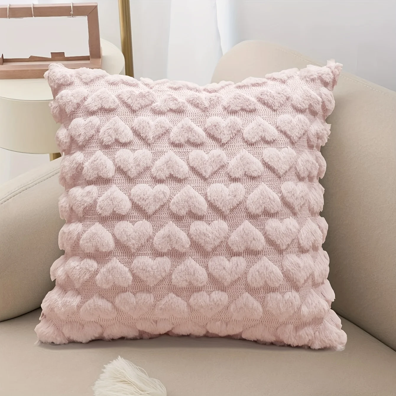 Funda de cojín de felpa de corazón de amor, fundas de almohada de tiro suave, decoración de silla de sofá de sala de estar, blanco, rosa, Beige