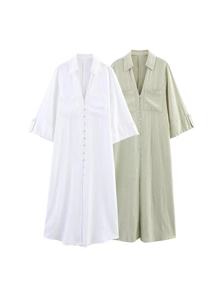 Verão novas camisas femininas vestido vintage sólido linho com decote em v 3/4 manga solta feminino elegante vestidos de rua