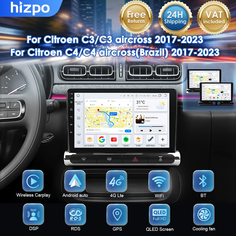 Hizpo Android Auto Carplay DSP WIF+4G Autoradio GPS per Citroen C3 C4 Aircross (Brasile) 2017 - 2023 Lettore multimediale Stereo Telecamera 360 QLED Autoradio