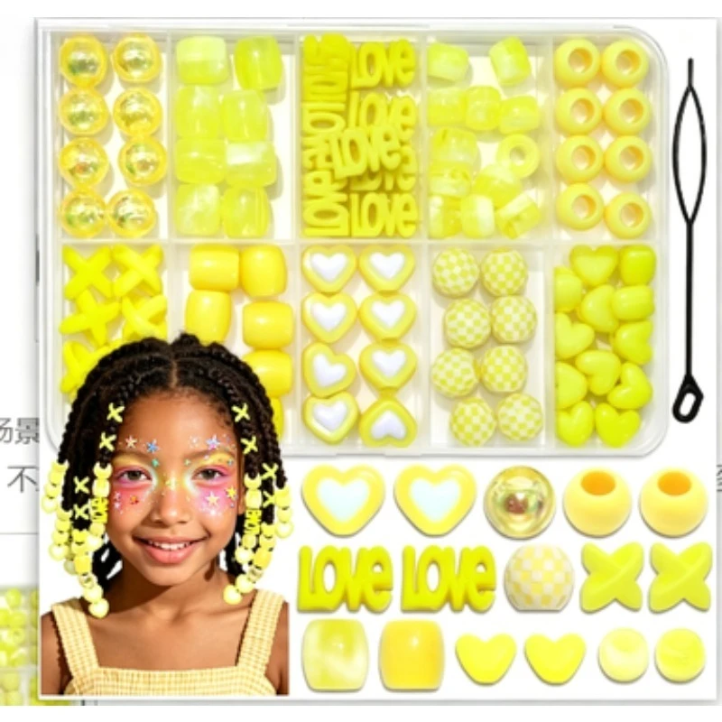 100PCS Multishape Hair Beads Kit for Braids – Acrylic Pony Beads with Heart, Flower, X & Love Letters for Kids Box Braids Decor