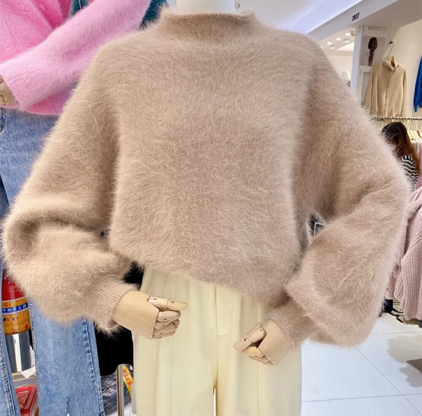 2022 Fashion Autumn Winter Blue Knitted Mohair Pullovers Korean Women Soft Mink Cashmere Mock Neck Lantern Sleeve Loose Sweaters