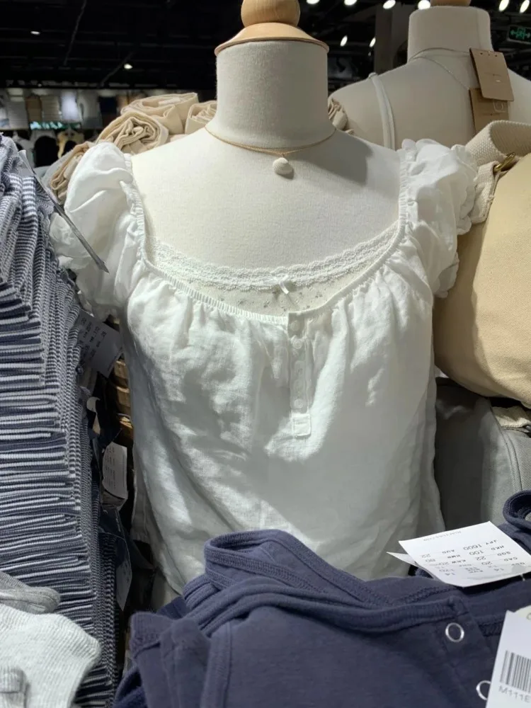 

Sweet White 5 Buttons Lace-up Ruffles Sleeve Tees Women Summer Casual Flax Cotton U-neck Tops Preppy Style Cute T-shirts New Y2K