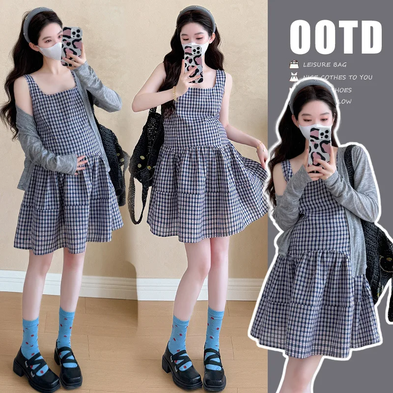 

Summer Maternity Dress French Style Plaid Sleeveless Mini Dress Two Piece Set Petite Size Elegant Pregnancy Outfit Comfortable