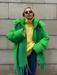 Winter Green Parkas for Women Elegant Fashion Hooded Oversized Coats Solid Warm Thicken Long Sleeve Casual Cotton Padded Jacket