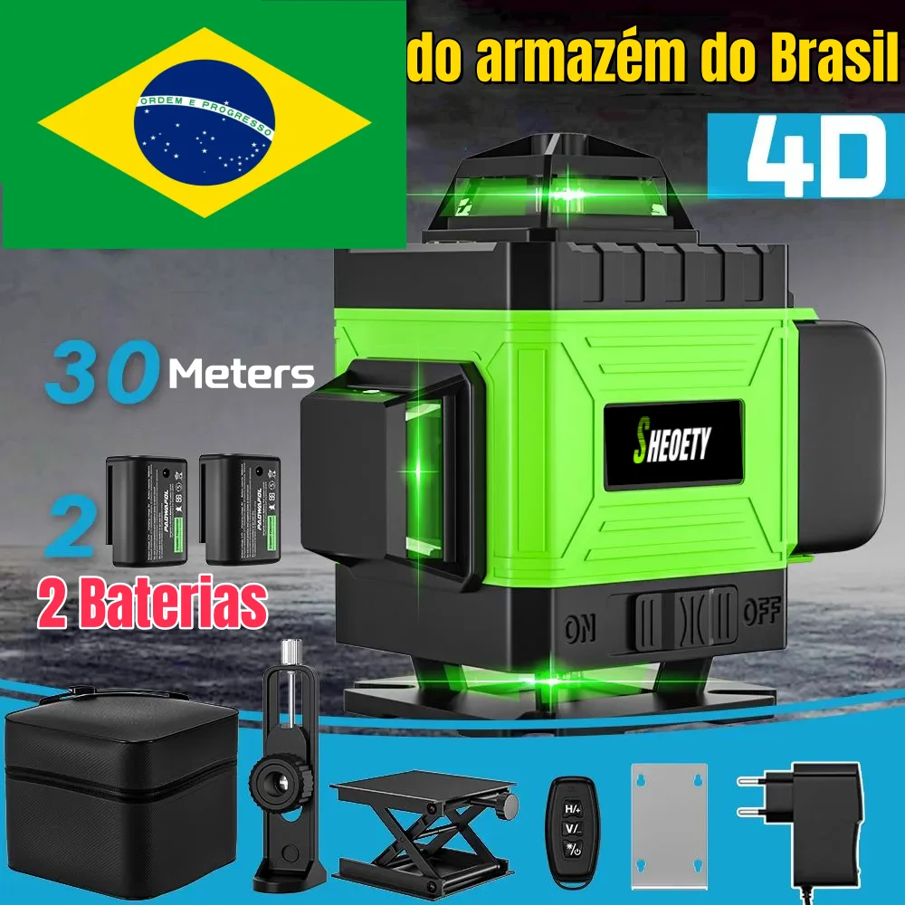 2×2400mAh Bateria,Envio do armazém do Brasil, sem taxas alfandegárias, régua gratuita 4D 16 Linhas 360 ° Auto-nivelamento Nível Laser Ferramenta Laser Profissional Horizontal Feixe Verde Nível Laser Profissional