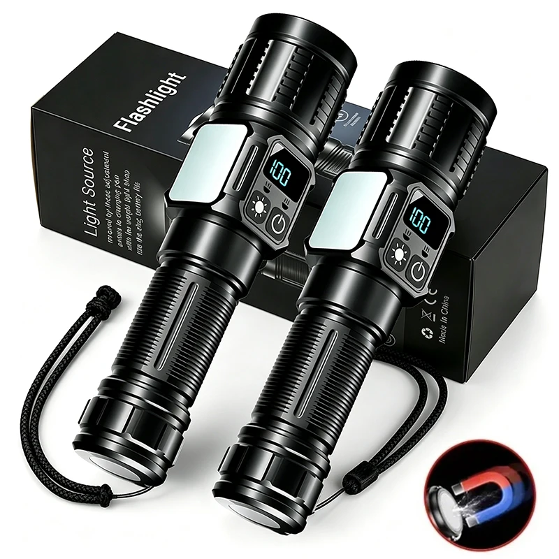 Super Powerful Flashlight Rechargeable Led Flashlight Magnetic Tactical Torch With Digital Display Camping Fishing Zoom Torch